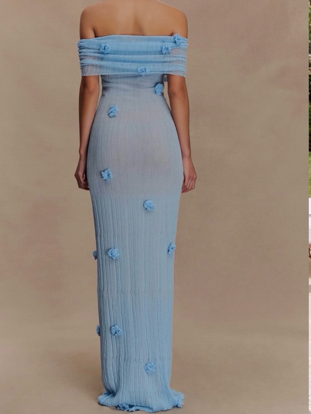 Meshki Brynn Orchid Knit Maxi Dress in Baby Blue with Floral Rosettes - Picture 2 of 5
